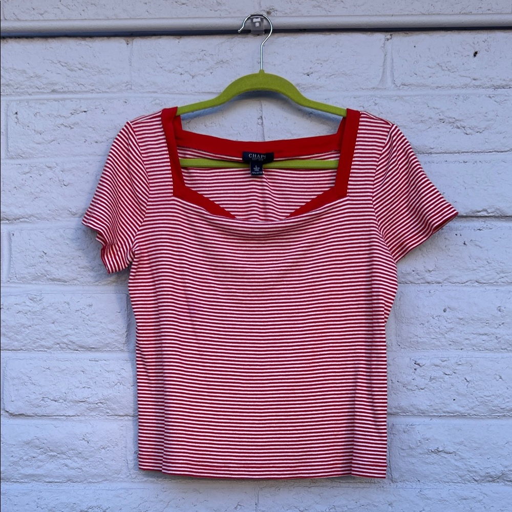 Chaps Red and White Striped Short Sleeve Top